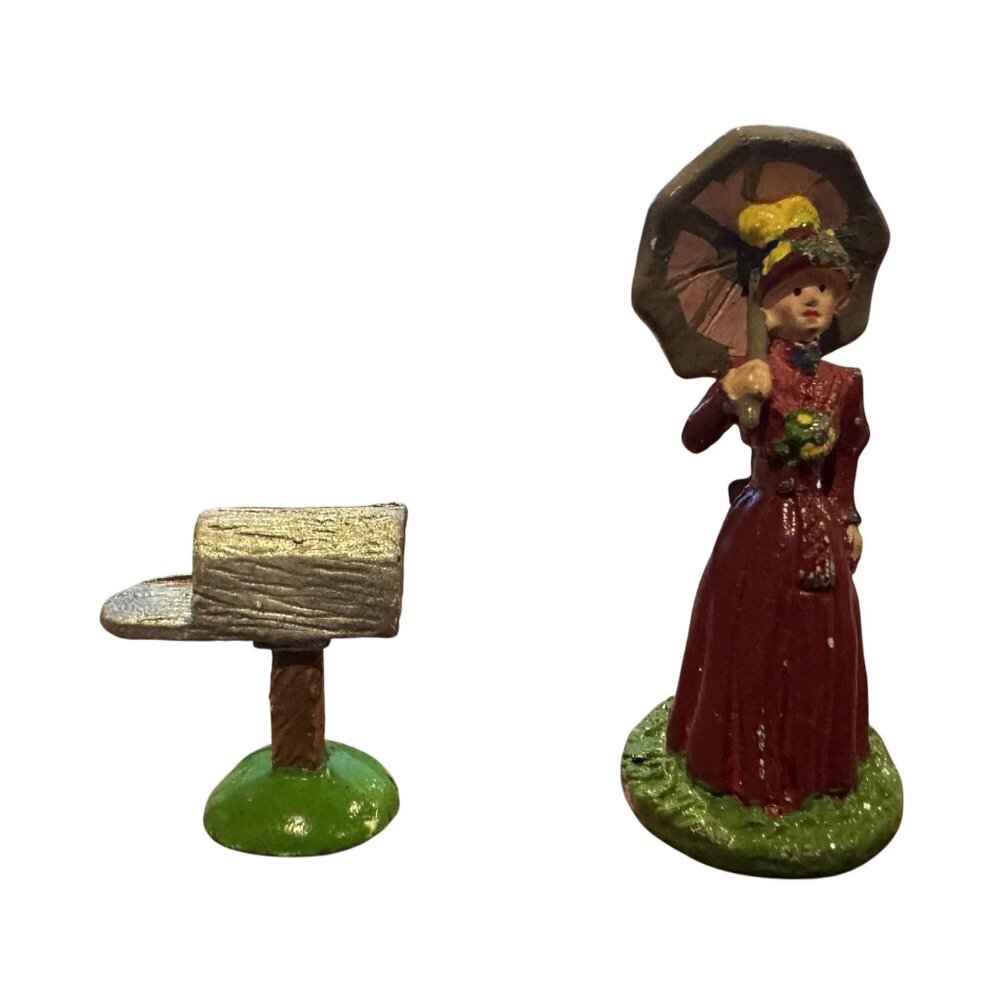 Vintage 98IRS China Lead Figure Woman With Parasol & Mailbox 1.25" Hand Painted